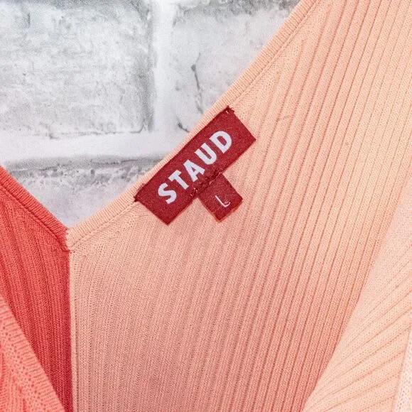 STAUD Dana Ribbed ColorBlock Mide Dress in Orange Peach Size Large - Picture 3 of 10